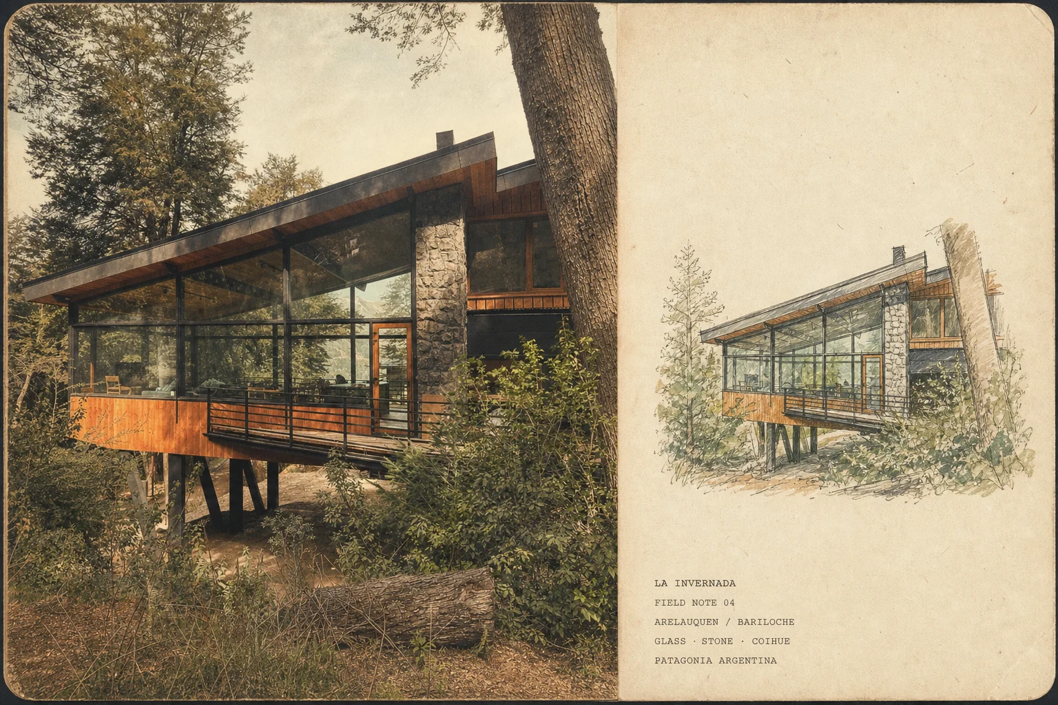 Archival field note showing La Invernada among the native Patagonian forest