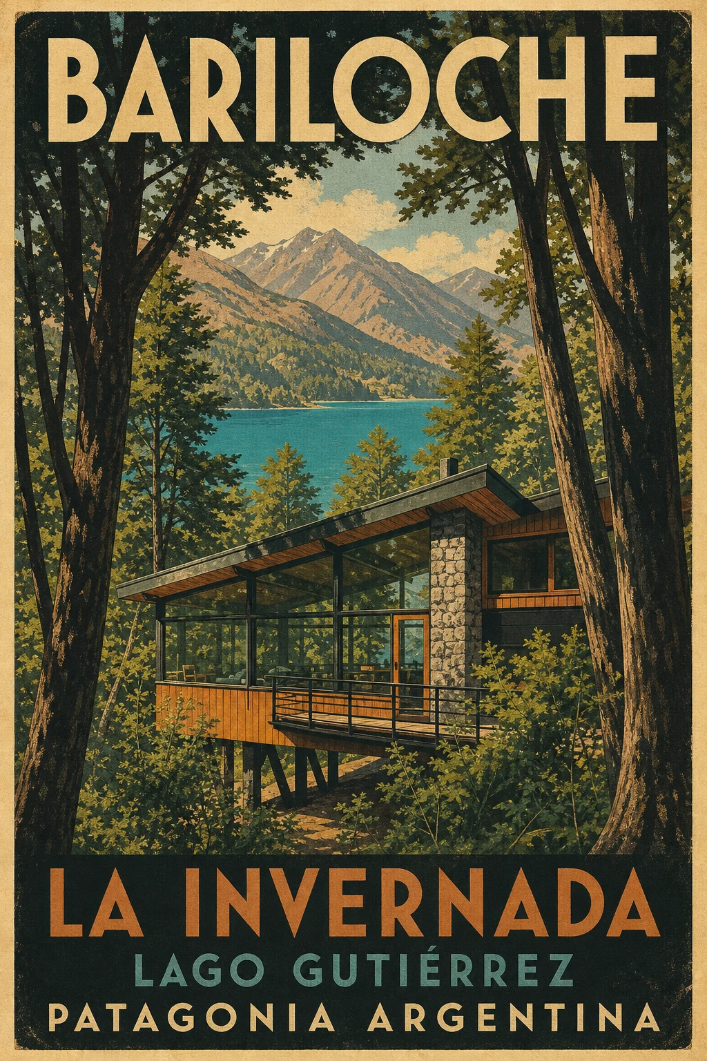 1930s-style Bariloche summer poster featuring La Invernada, Lake Gutiérrez, and the Andes