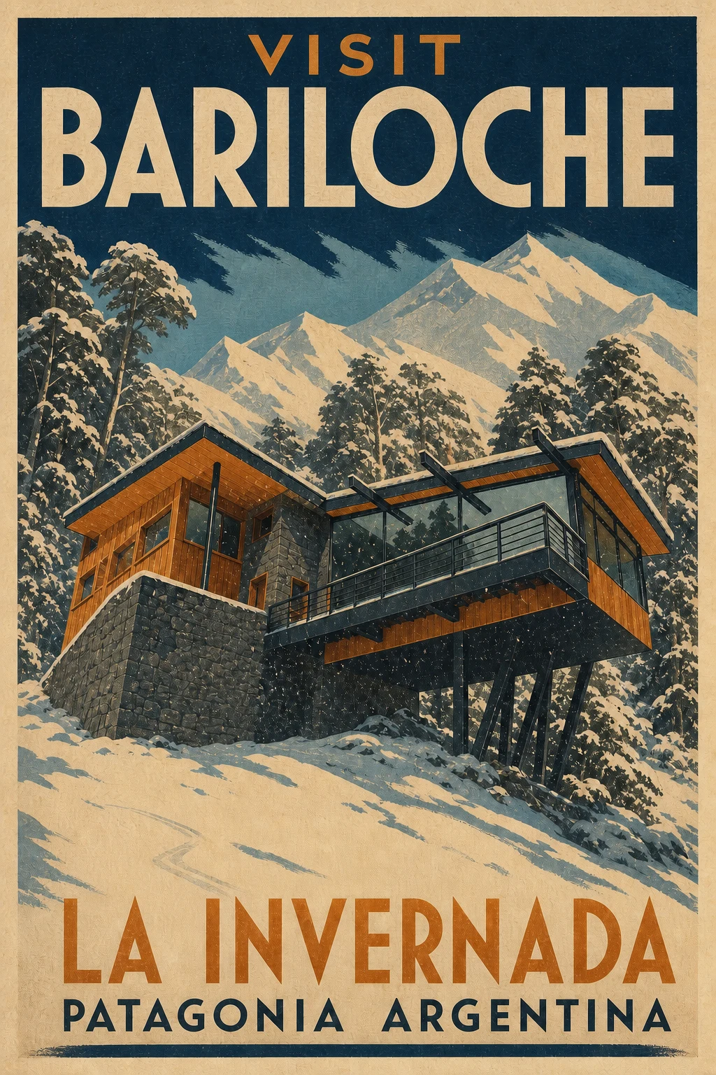 Skier-free 1930s-style Visit Bariloche winter poster featuring La Invernada