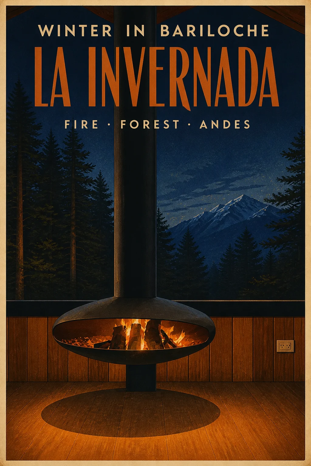 1930s-style winter Bariloche poster featuring La Invernada's suspended fireplace